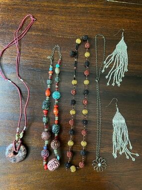 Collection of random necklaces and one pair of earrings